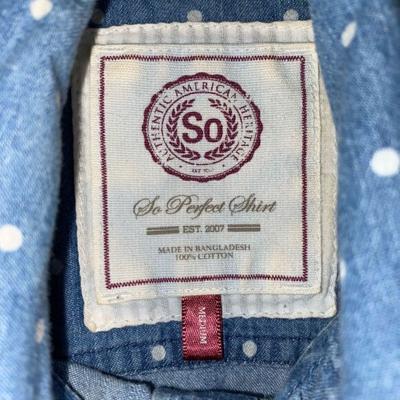 SO 100% cotton button down polka dot top w/button pockets & sleeves sz M - Picture 6 of 7